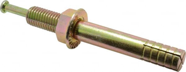 Wej-It - 3/4" Diam, 3/4" Drill, 6" OAL, 1-3/4" Min Embedment Hammer Drive Concrete Anchor - 1018 Iron (Pin)/Steel (Body), Zinc Yellow Dichromate Finish, Hex Nut Head, Hex Drive - Exact Tooling