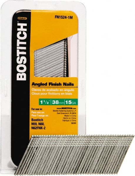 Stanley Bostitch - 15 Gauge 0.07" Shank Diam 1-1/2" Long Finishing Nails for Power Nailers - Steel, Bright Finish, Smooth Shank, Angled Stick Adhesive Collation, Round Head, Chisel Point - Exact Tooling