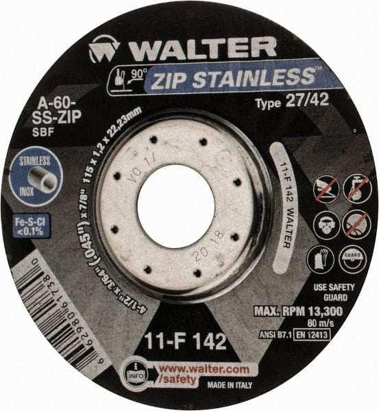 WALTER Surface Technologies - 60 Grit, 4-1/2" Wheel Diam, 3/64" Wheel Thickness, 7/8" Arbor Hole, Type 27 Depressed Center Wheel - Aluminum Oxide, Resinoid Bond, 13,300 Max RPM - Exact Tooling