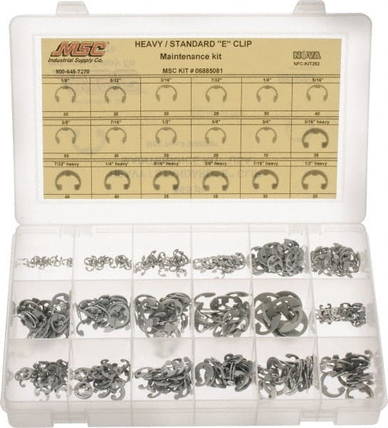 Made in USA - 565 Piece, 1/8 to 3/4", Steel, E Style External Retaining Ring Assortment - Includes Compartmented Case - Exact Tooling