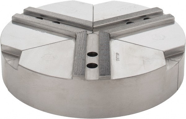 Abbott Workholding Products - 10" & Up Chuck Capacity, 1.5mm x 60° Serrated Attachment, Round Soft Lathe Chuck Jaw - 3 Jaws, Steel, 1.1811" Btw Mount Hole Ctrs, 10" Wide x 2" High, 0.6299" Groove, 0.4724" & 12mm Fastener - Exact Tooling