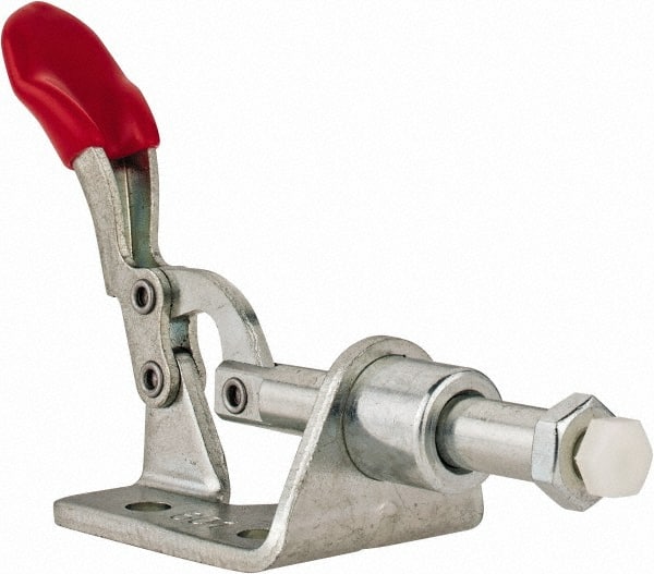De-Sta-Co - 100 Lb Load Capacity, Flanged Base, Carbon Steel, Standard Straight Line Action Clamp - 3 Mounting Holes, 0.17" Mounting Hole Diam, 1/4" Plunger Diam, Thumb Handle - Exact Tooling