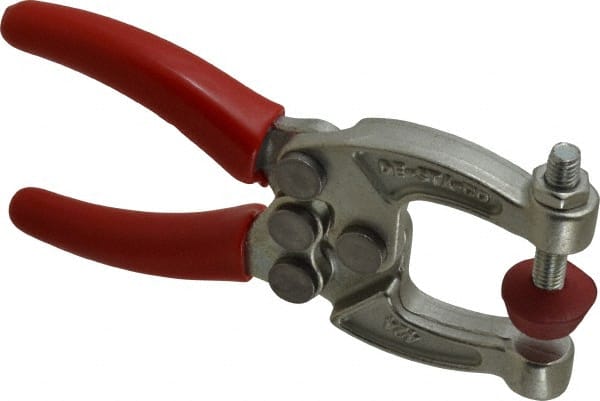 De-Sta-Co - 889.64 N Load Capacity, 1.08" Throat Depth, 4.63" OAL, Carbon Steel, C Style Plier Clamp - 2.06" Max Jaw Capacity, M6x1 Spindle, 2.06" Open Throat Height, Red Handle, Spindle End - Exact Tooling