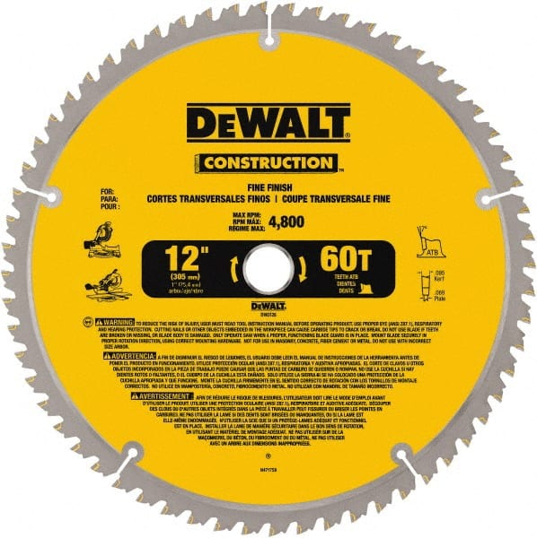 DeWALT - 12" Diam, 1" Arbor Hole Diam, 60 Tooth Wet & Dry Cut Saw Blade - Carbide-Tipped, Fine Finishing Action, Standard Round Arbor - Exact Tooling