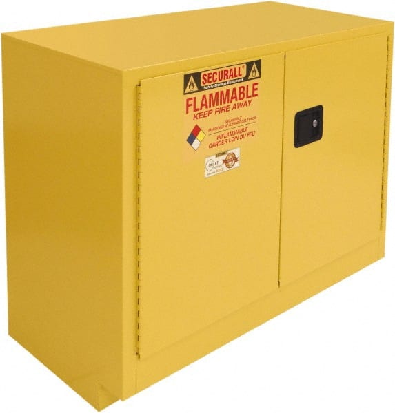 Securall Cabinets - 2 Door, 1 Shelf, Yellow Steel Under the Counter Safety Cabinet for Flammable and Combustible Liquids - 35-9/16" High x 47" Wide x 22" Deep, Manual Closing Door, 3 Point Key Lock, 36 Gal Capacity - Exact Tooling