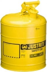 Justrite - 5 Gal Galvanized Steel Self-Closing, Self-Venting, Full-Length Flame Arrester - 16-7/8" High x 11-3/4" Diam, Yellow - Exact Tooling