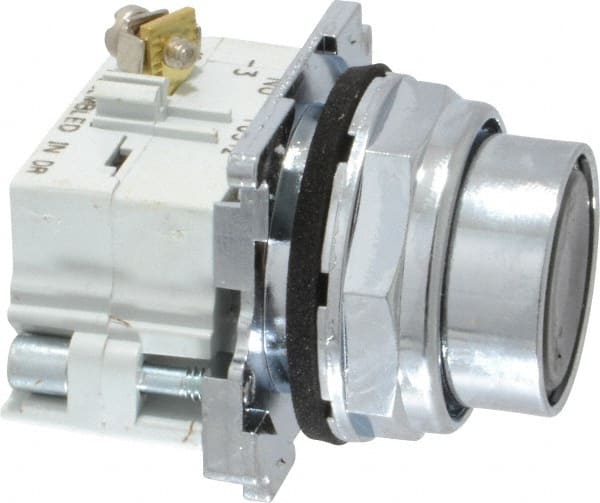 Eaton Cutler-Hammer - 30-1/2mm Mount Hole, Flush, Pushbutton Switch with Contact Block - Round, Black Pushbutton, Nonilluminated, Momentary (MO), Corrosion Resistant, Oiltight and Watertight - Exact Tooling