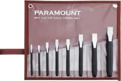 Paramount - 8 Piece Cold Chisel Set - 5, 5-1/8, 5-3/8, 5-9/16, 6, 6-3/4, 6-7/8 & 8" OAL, Sizes Included 1/4 to 7/8" - Exact Tooling