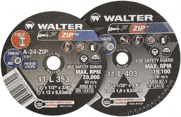WALTER Surface Technologies - 4" 24 Grit Aluminum Oxide Cutoff Wheel - 1/16" Thick, 3/8" Arbor, 19,100 Max RPM, Use with Die Grinders - Exact Tooling