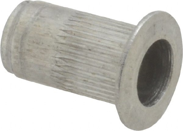 Made in USA - #8-32, 0.265 Insert Diam, 0.47" OAL, Knurled Body Open End Threaded Insert - 0.2656" Hole Diam, 0.39" Head Diam, 5056 Aluminum, Clear Protective Coating - Exact Tooling