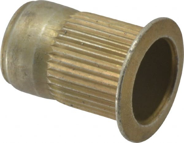 Made in USA - M8x1.25, 13.46mm Insert Diam, 20.45mm OAL, Knurled Body Open End Threaded Insert - 13.5mm Hole Diam, 17.4mm Head Diam, 1008/1010 Steel, Clear Protective Coating & Zinc Yellow Dichromate Finish - Exact Tooling