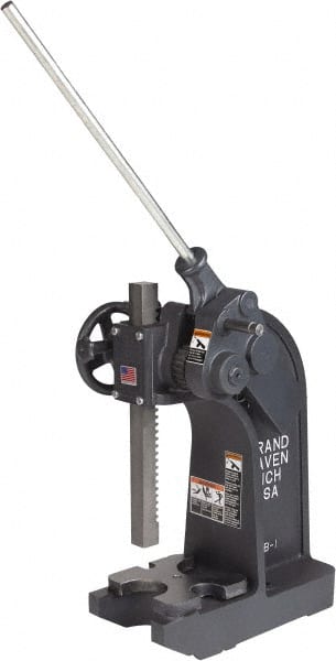 Dake - 1-1/2" Ram, 7-3/4" Throat Depth, 6 Ton Manual Arbor Press - 14" Max Work Height x 15-1/2" Max Work Width, Compound Leverage, 66:1 Leverage Ratio, 8-1/4" Base Width x 20" Base Depth - Exact Tooling