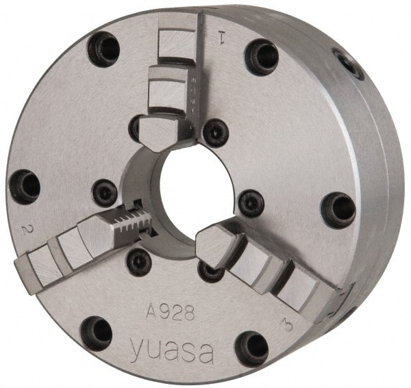 Yuasa - 3 Jaws, 4" Diam, Self Centering Manual Lathe Chuck - Plain Back Mount Spindle, Adjustable, 1.2598" Through Hole Diam, 0.0005" Axial Runout, Cast Iron - Exact Tooling