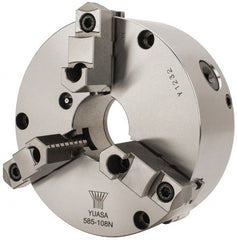Yuasa - 3 Jaws, 8" Diam, Self Centering Manual Lathe Chuck - Plain Back Mount Spindle, Adjustable, Reversible, 2.4803" Through Hole Diam, 0.0005" Axial Runout, Cast Iron - Exact Tooling