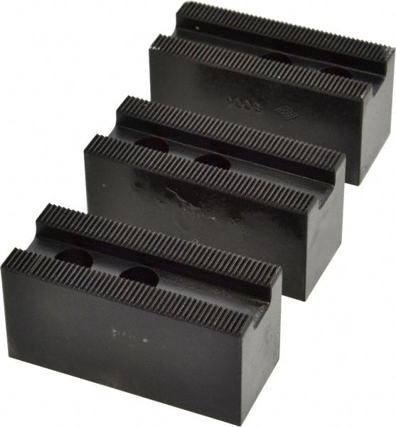 Value Collection - 6" Chuck Capacity, 1.5mm x 60° Serrated Attachment, Square Soft Lathe Chuck Jaw - 3 Jaws, Steel, 0.7874" Btw Mount Hole Ctrs, 1.181mm Long x 30mm Wide x 1-3/8" High, 0.4724" Groove, 10mm Fastener - Exact Tooling