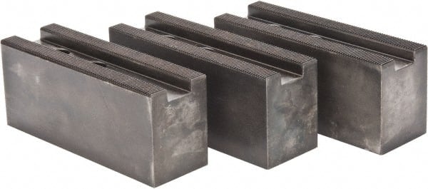 Value Collection - 10 to 11" Chuck Capacity, 1.5mm x 60° Serrated Attachment, Square Soft Lathe Chuck Jaw - 3 Jaws, Steel, 1.1811" Btw Mount Hole Ctrs, 4.33mm Long x 1.574" Wide x 1.574" High, 0.6299" Groove, 12mm Fastener - Exact Tooling
