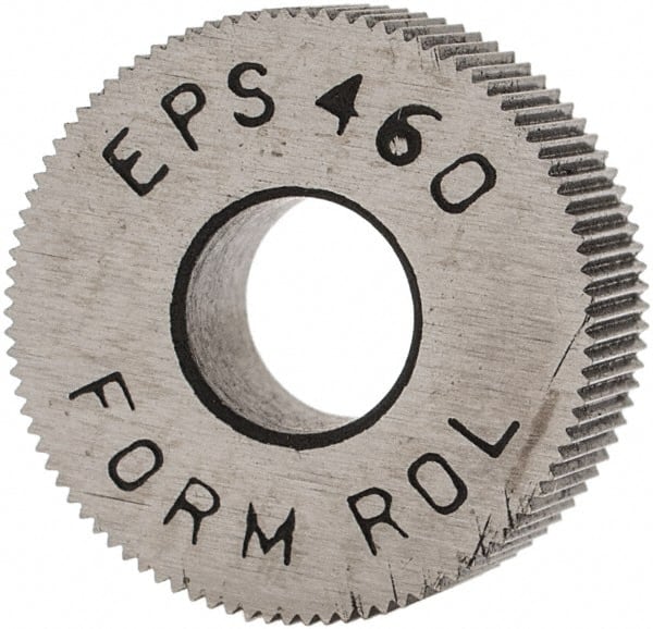 Made in USA - 1/2" Diam, 70° Tooth Angle, 60 TPI, Standard (Shape), Form Type High Speed Steel Straight Knurl Wheel - 3/16" Face Width, 3/16" Hole, Circular Pitch, Bright Finish, Series EP - Exact Tooling