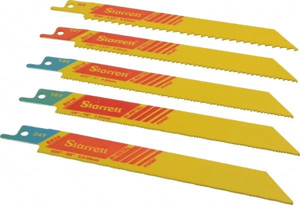 Starrett - 5 Piece, 6" Long x 0.035" Thick, Bi-Metal Reciprocating Saw Blade Set - Straight Profile, 6 to 24 Teeth per Inch, Toothed Edge - Exact Tooling