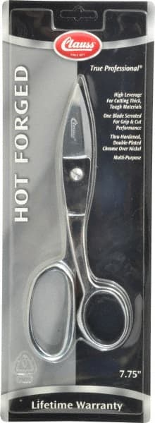 Clauss - 2" LOC, 7-3/4" OAL Chrome Plated Standard Shears - Right Hand, 1 Blade Serrated, Chrome Plated Straight Handle, For Crafts - Exact Tooling