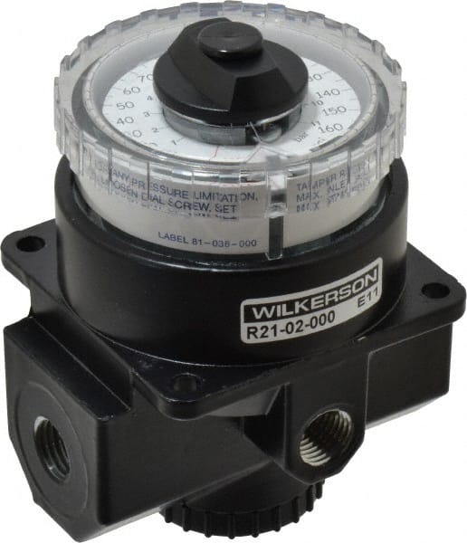 Wilkerson - 1/4 NPT Port, 117 CFM, Zinc Dial Air Regulator - 5 to 160 psi Range, 300 Max psi Supply Pressure, 1/4" Gauge Port Thread, 3.2" Wide x 4.19" High - Exact Tooling