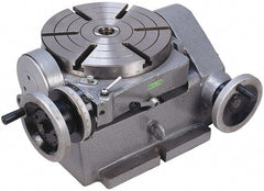 Phase II - 249.94mm Table Diam, Horizontal Tilting Rotary Machining Table - 150.11mm Centerline Height, 1.2" Bore Diam, 3MT Center Taper, 11.94mm T-Slot Width, 90:1 Gear Ratio - Exact Tooling