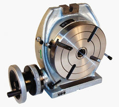 Phase II - 6" Table Diam, Horizontal & Vertical Rotary Machining Table - 4.92" Centerline Height, 1/2" Bore Diam, 2MT Center Taper, 0.39" T-Slot Width, 90:1 Gear Ratio - Exact Tooling