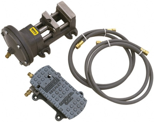 Heinrich - 4" Jaw Width, 4-5/8" Jaw Opening Capacity, Horizontal Stationary Machine Vise - Air Operation, 1 Station, 6-1/8" Long x 5-3/8" High x 1-5/16" Deep - Exact Tooling