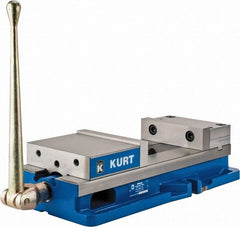 Kurt - 8" Jaw Width, 10" Jaw Opening Capacity, Horizontal Stationary Machine Vise - Manual Operation, 11,596 Lb Capacity, 1 Station, 24.185" Long x 5.51" High x 2-13/64" Deep, 2.2" Jaw Height, 80,000 psi Max Clamp Force, Ductile Iron - Exact Tooling