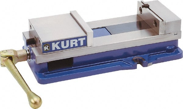 Kurt - 10" Jaw Width, 9-3/4" Jaw Opening Capacity, Horizontal Stationary Machine Vise - Manual Operation, 26,277 Lb Capacity, 1 Station, 29.19" Long x 6-13/16" High x 2-15/16" Deep, 2-1/2" Jaw Height, 80,000 psi Max Clamp Force, Ductile Iron - Exact Tooling