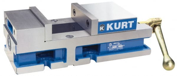 Kurt - 6" Jaw Width, 4" Jaw Opening Capacity, Horizontal Stationary Machine Vise - Reverse Manual Operation, 6,356 Lb Capacity, 1 Station, 14.88" Long x 4.6720" High x 1-31/64" Deep, 1.735" Jaw Height, 80 Lb Max Clamp Force - Exact Tooling