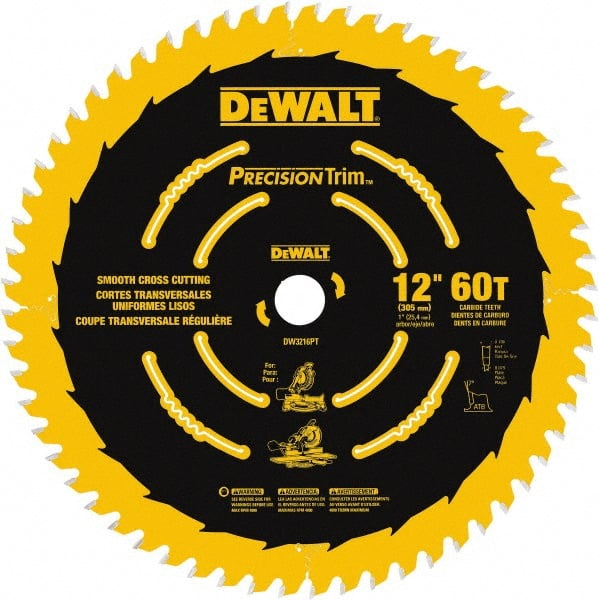 DeWALT - 12" Diam, 1" Arbor Hole Diam, 60 Tooth Wet & Dry Cut Saw Blade - Carbide-Tipped, Crosscut & Smooth Action, Standard Round Arbor - Exact Tooling