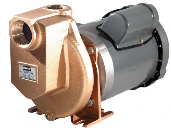 American Machine & Tool - 115/230 Volt, 1 Phase, 3/4 HP, Self Priming Pump - 1-1/2 Inch Inlet, 52 Head Pressure, Bronze and Cast Iron Housing, Bronze Impeller, PTFE Seal - Exact Tooling