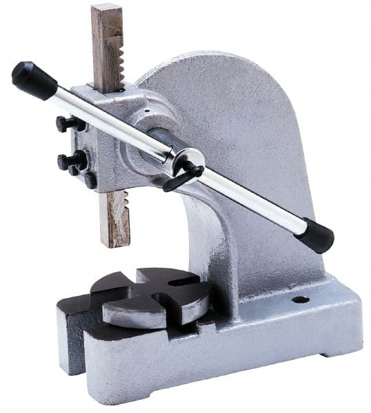 Interstate - 2-7/8" Ram, 9-7/16" Throat Depth, 5 Ton Manual Arbor Press - 18" Max Work Height x 18-7/8" Max Work Width, Single Leverage, 11" Base Width x 26" Base Depth - Exact Tooling