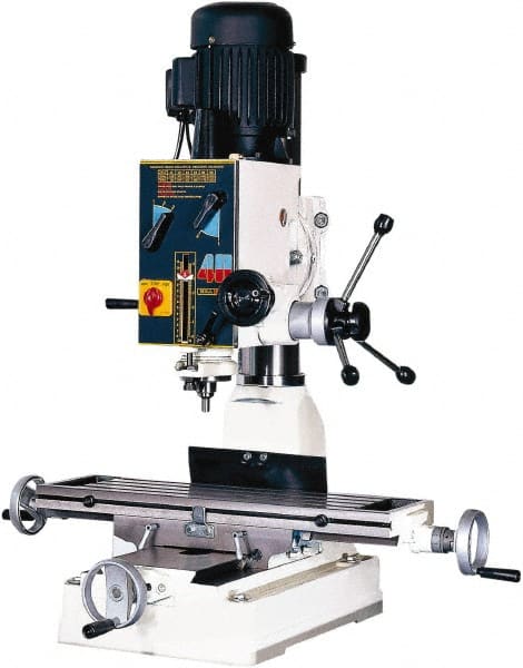 Rong Fu - 1 Phase, 20" Swing, Geared Head Mill Drill Machine - 28-3/4" Table Length x 8-1/4" Table Width, 18-1/8" Longitudinal Travel, 9" Cross Travel, 6 Spindle Speeds, 1 hp, 220 Volts - Exact Tooling
