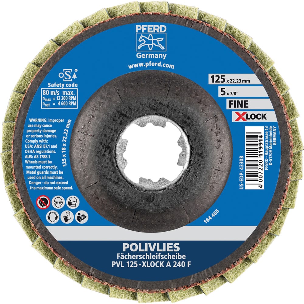 PFERD - Flap Discs; Abrasive Type: Non-Woven ; Flap Disc Type: Compact ; Disc Diameter (Inch): 5 ; Abrasive Material: Aluminum Oxide ; Grit: 240 ; Attaching System: Quick Change X-Lock - Exact Tooling