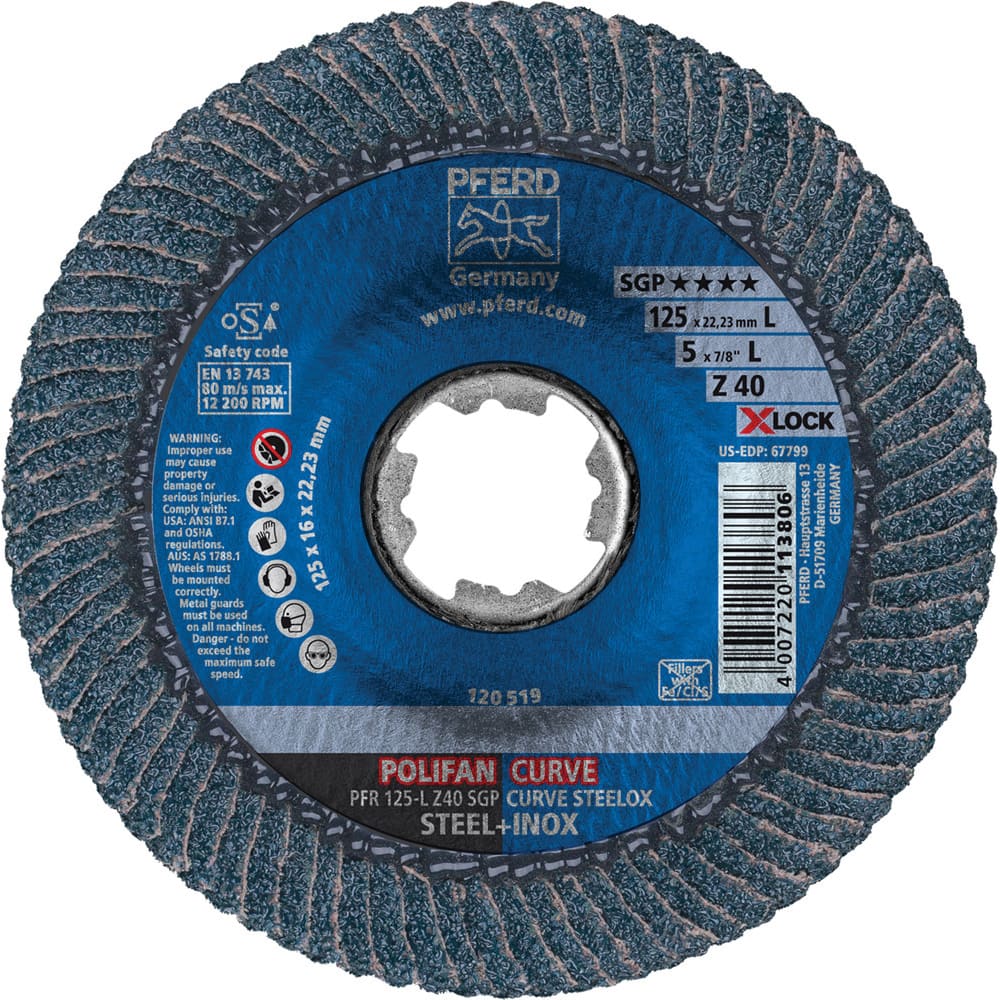 PFERD - Flap Discs; Abrasive Type: Coated ; Flap Disc Type: Compact ; Disc Diameter (Inch): 5 ; Abrasive Material: Zirconia Alumina ; Grit: 40 ; Attaching System: Quick Change X-Lock - Exact Tooling