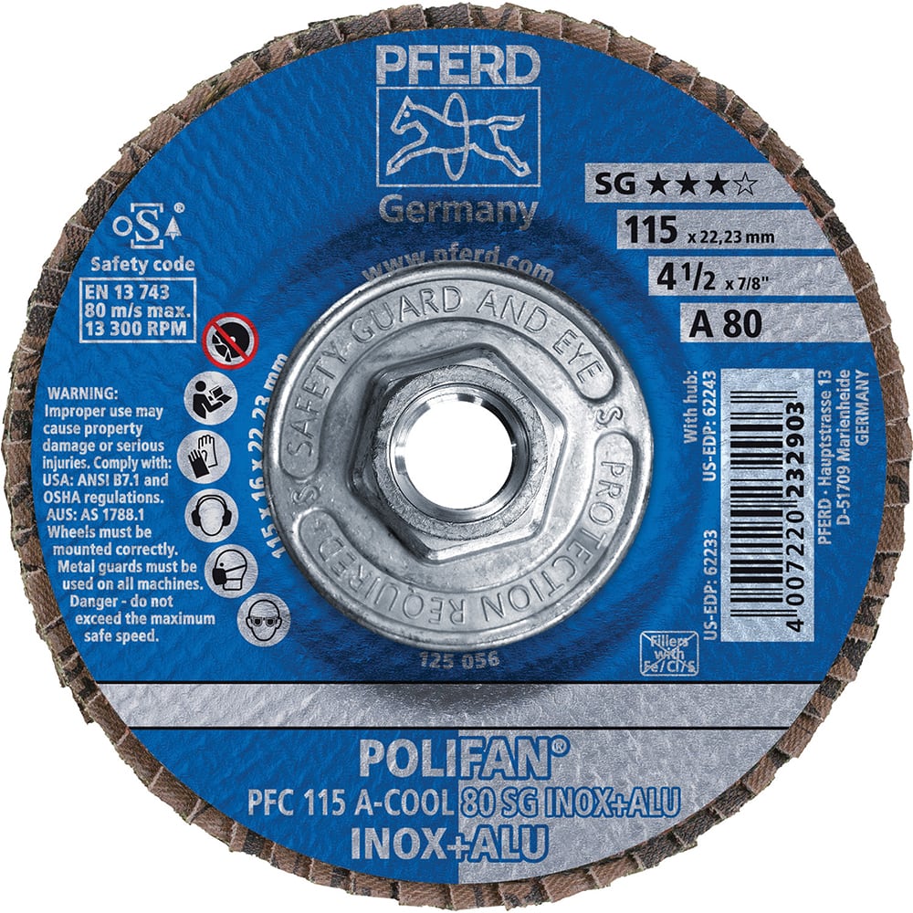 PFERD - Flap Discs; Abrasive Type: Coated ; Flap Disc Type: Type 29 ; Disc Diameter (Inch): 4-1/2 ; Abrasive Material: Aluminum Oxide ; Grit: 80 ; Attaching System: Threaded Hole - Exact Tooling