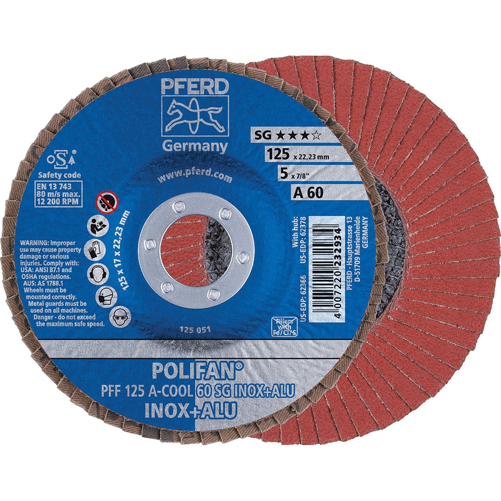 PFERD - Flap Discs; Abrasive Type: Coated ; Flap Disc Type: Type 27 ; Disc Diameter (Inch): 5 ; Abrasive Material: Aluminum Oxide ; Grit: 60 ; Attaching System: Arbor - Exact Tooling