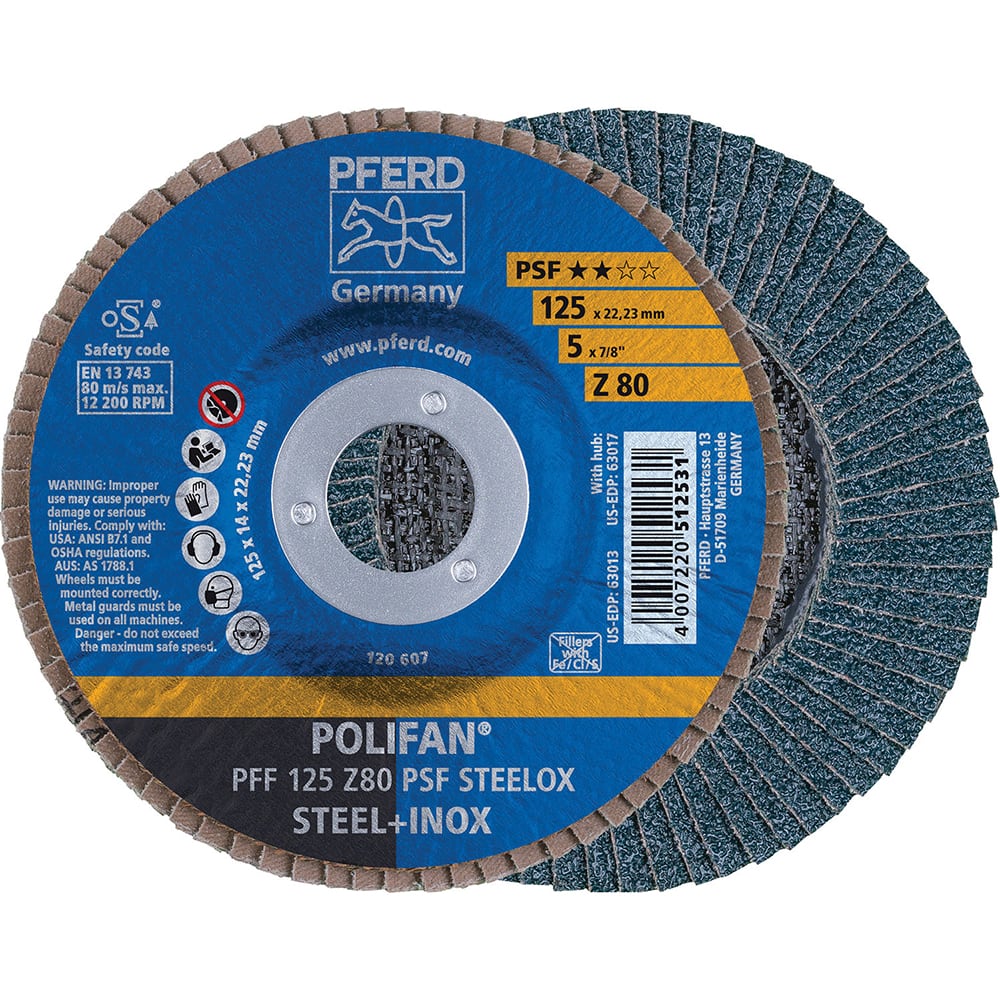 PFERD - Flap Discs; Abrasive Type: Coated ; Flap Disc Type: Type 27 ; Disc Diameter (Inch): 5 ; Abrasive Material: Zirconia Alumina ; Grit: 80 ; Attaching System: Arbor - Exact Tooling