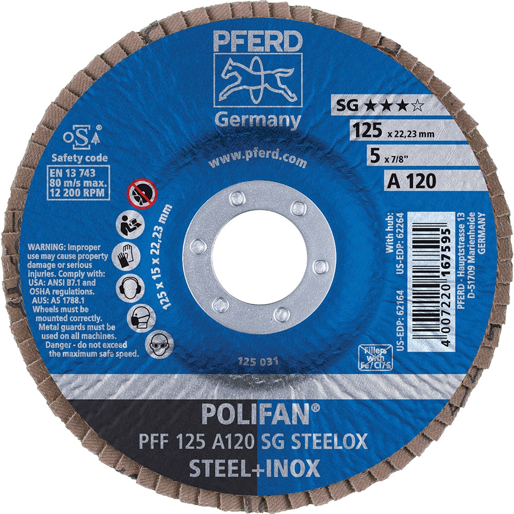 PFERD - Flap Discs; Abrasive Type: Coated ; Flap Disc Type: Type 27 ; Disc Diameter (Inch): 5 ; Abrasive Material: Aluminum Oxide ; Grit: 120 ; Attaching System: Arbor - Exact Tooling