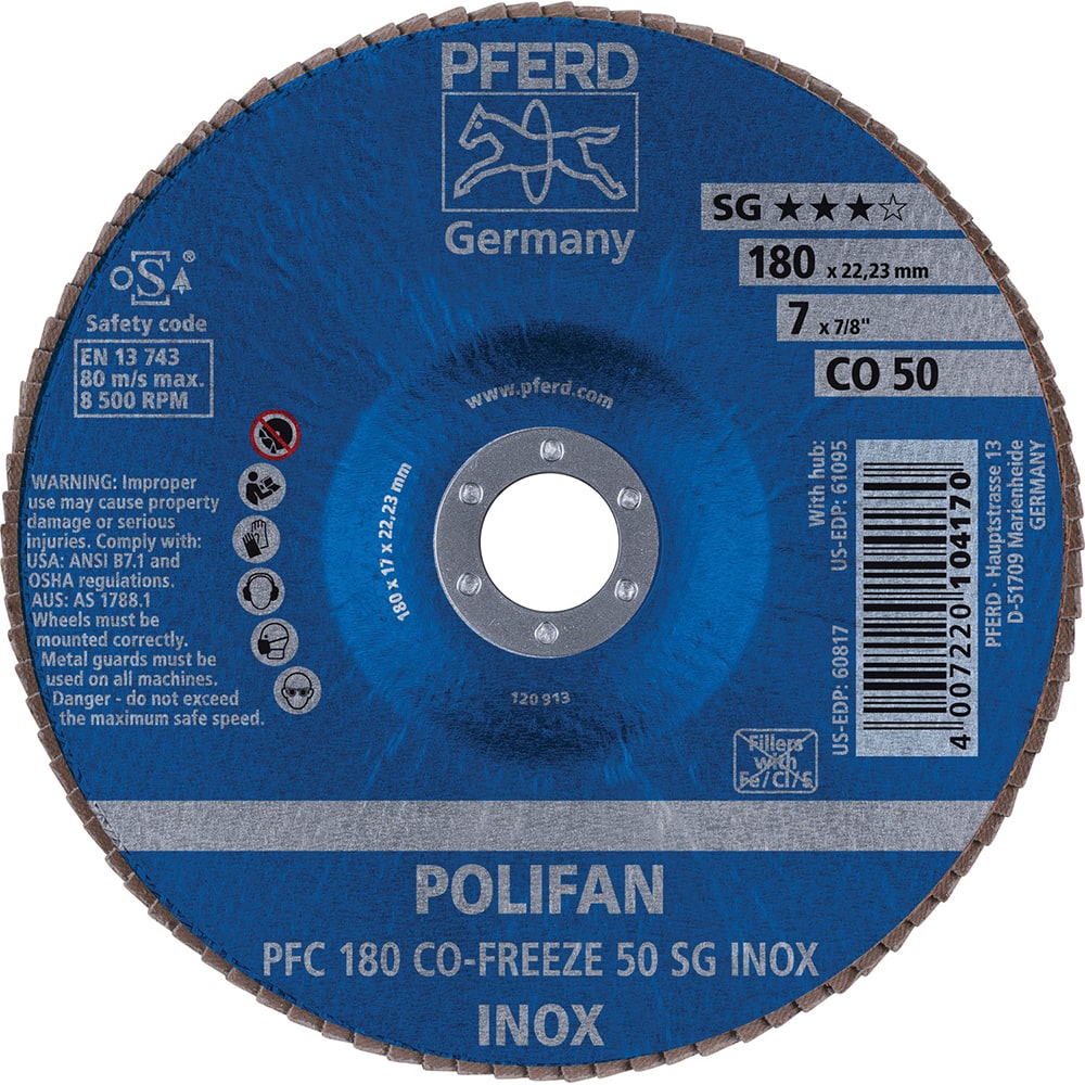 PFERD - Flap Discs; Abrasive Type: Coated ; Flap Disc Type: Type 29 ; Disc Diameter (Inch): 7 ; Abrasive Material: Ceramic Oxide ; Grit: 50 ; Attaching System: Arbor - Exact Tooling