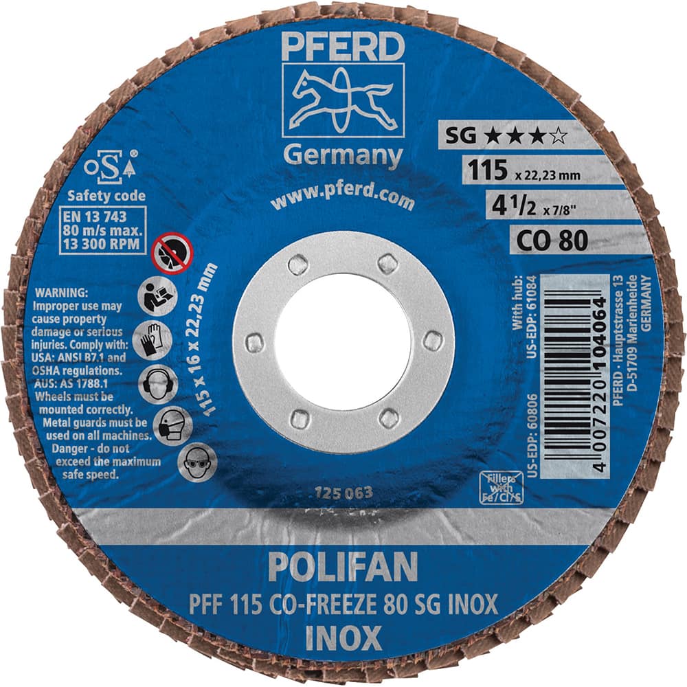 PFERD - Flap Discs; Abrasive Type: Coated ; Flap Disc Type: Type 27 ; Disc Diameter (Inch): 4-1/2 ; Abrasive Material: Ceramic Oxide ; Grit: 80 ; Attaching System: Arbor - Exact Tooling