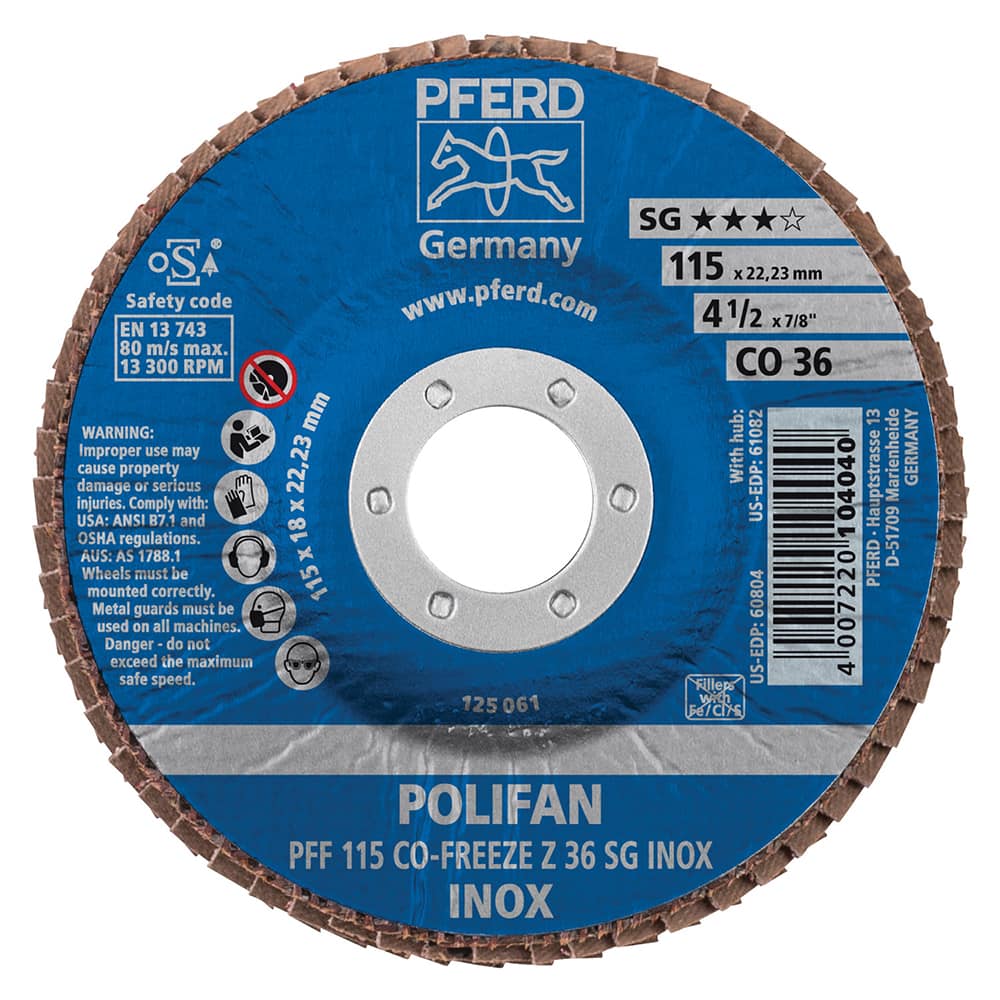 PFERD - Flap Discs; Abrasive Type: Coated ; Flap Disc Type: Type 27 ; Disc Diameter (Inch): 4-1/2 ; Abrasive Material: Ceramic Oxide ; Grit: 36 ; Attaching System: Arbor - Exact Tooling