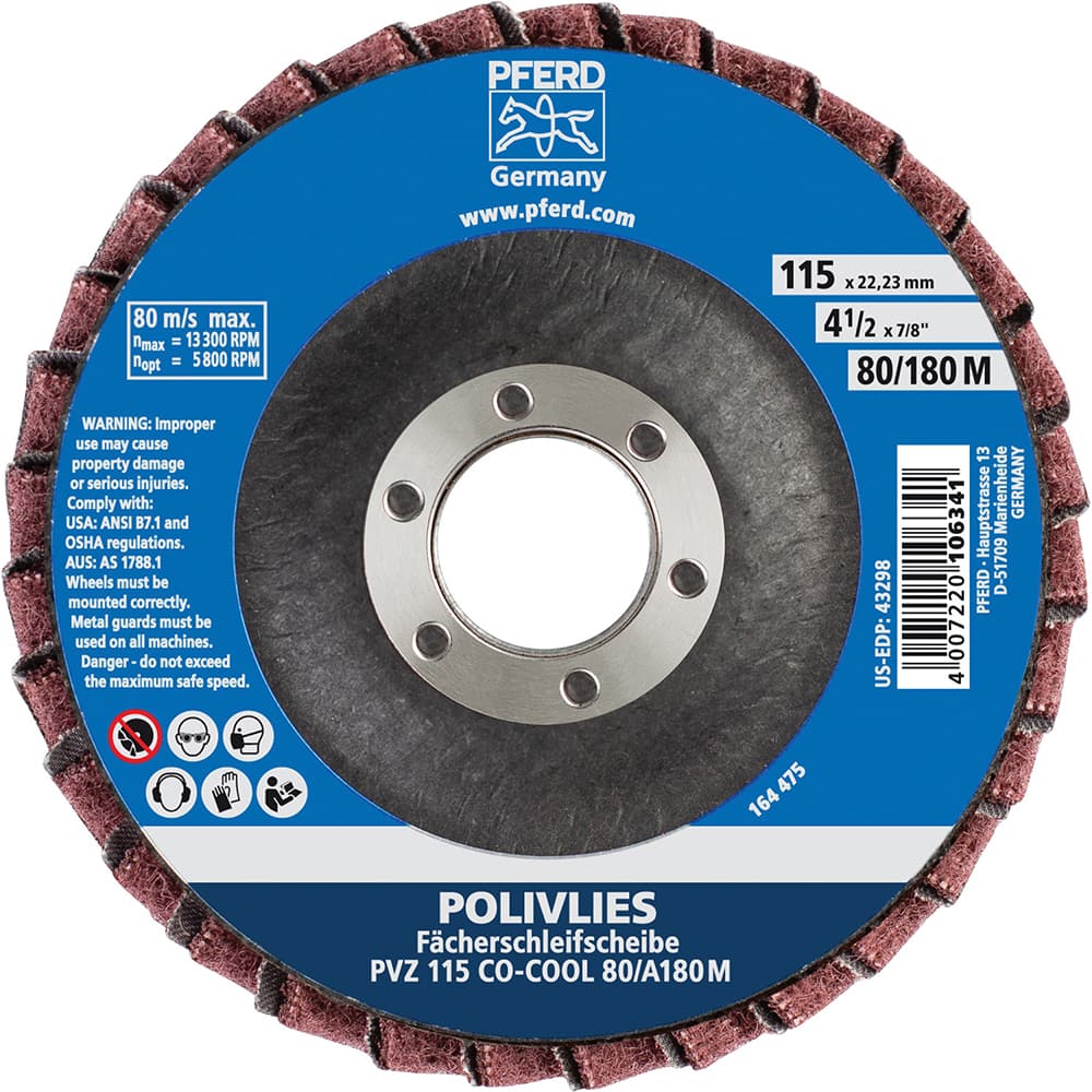 PFERD - Flap Discs; Abrasive Type: Coated ; Flap Disc Type: Compact ; Disc Diameter (Inch): 4-1/2 ; Abrasive Material: Ceramic Oxide ; Grit: 80 ; Attaching System: Arbor - Exact Tooling