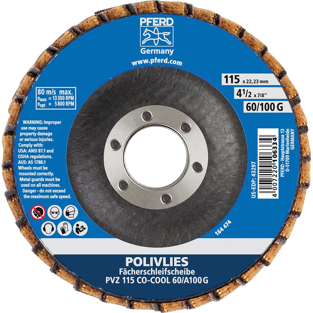 PFERD - Flap Discs; Abrasive Type: Coated ; Flap Disc Type: Compact ; Disc Diameter (Inch): 4-1/2 ; Abrasive Material: Ceramic Oxide ; Grit: 60 ; Attaching System: Arbor - Exact Tooling