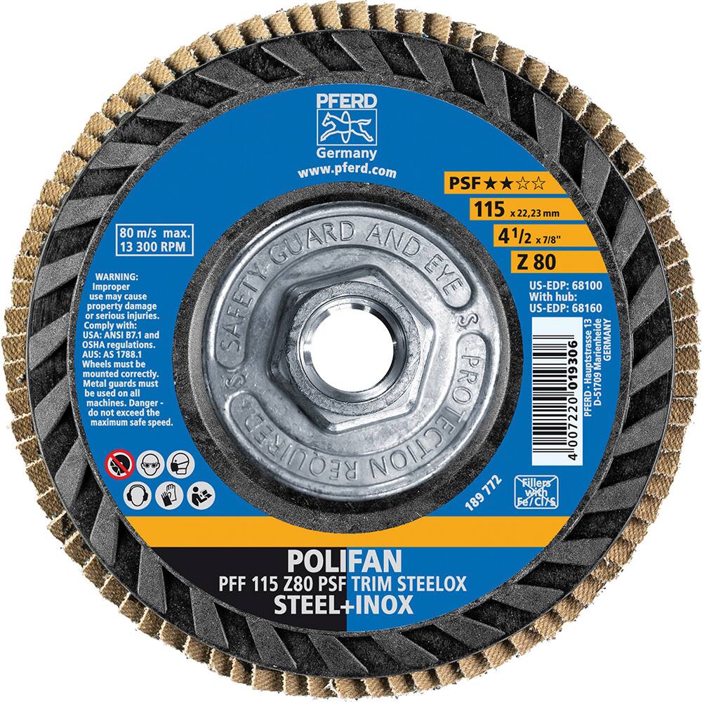 PFERD - Flap Discs; Abrasive Type: Coated ; Flap Disc Type: Type 27 ; Disc Diameter (Inch): 4-1/2 ; Abrasive Material: Zirconia Alumina ; Grit: 80 ; Attaching System: Threaded Hole - Exact Tooling