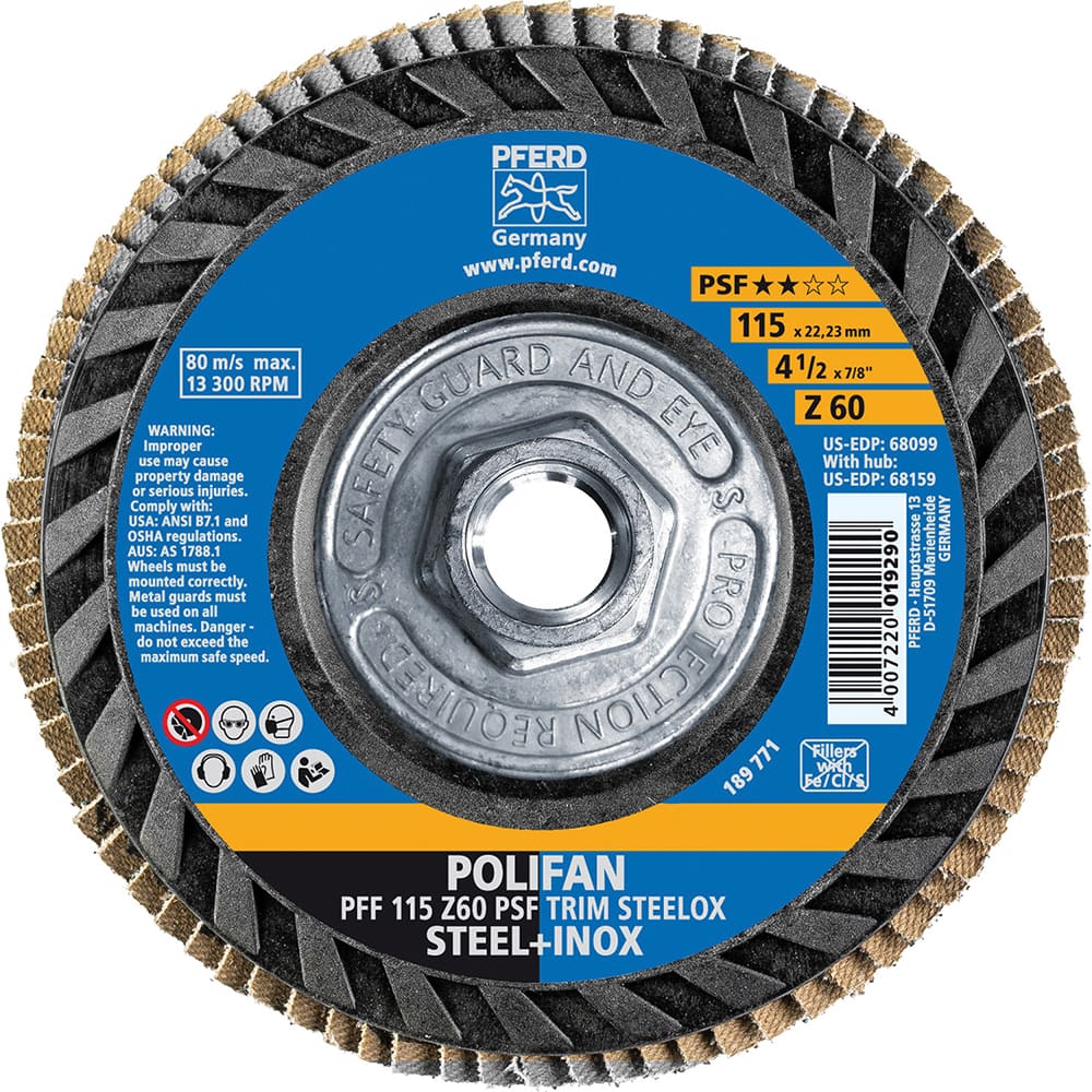 PFERD - Flap Discs; Abrasive Type: Coated ; Flap Disc Type: Type 27 ; Disc Diameter (Inch): 4-1/2 ; Abrasive Material: Zirconia Alumina ; Grit: 60 ; Attaching System: Threaded Hole - Exact Tooling