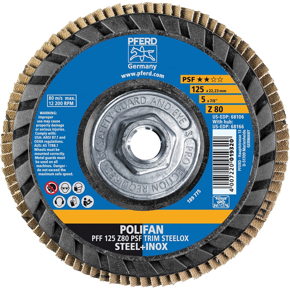 PFERD - Flap Discs; Abrasive Type: Coated ; Flap Disc Type: Type 27 ; Disc Diameter (Inch): 5 ; Abrasive Material: Zirconia Alumina ; Grit: 80 ; Attaching System: Threaded Hole - Exact Tooling