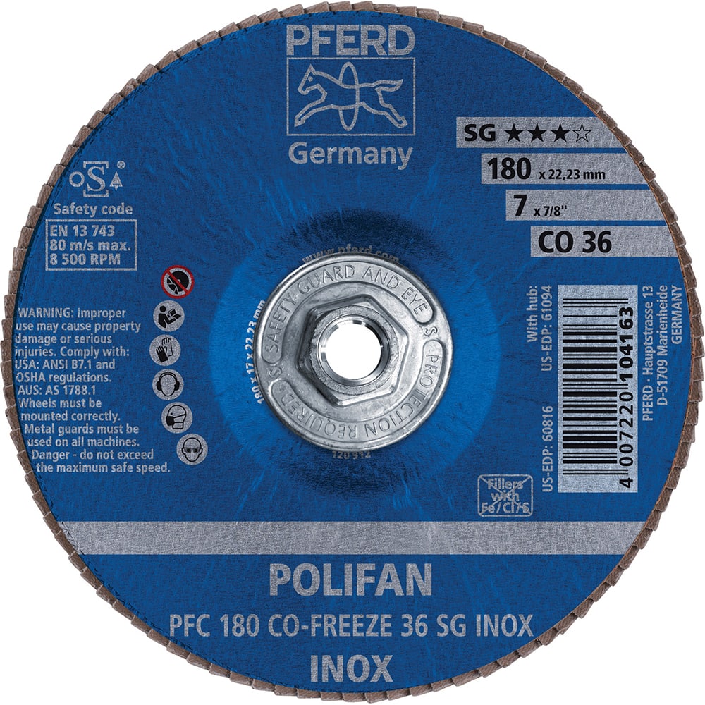 PFERD - Flap Discs; Abrasive Type: Coated ; Flap Disc Type: Type 29 ; Disc Diameter (Inch): 7 ; Abrasive Material: Ceramic Oxide ; Grit: 36 ; Attaching System: Threaded Hole - Exact Tooling