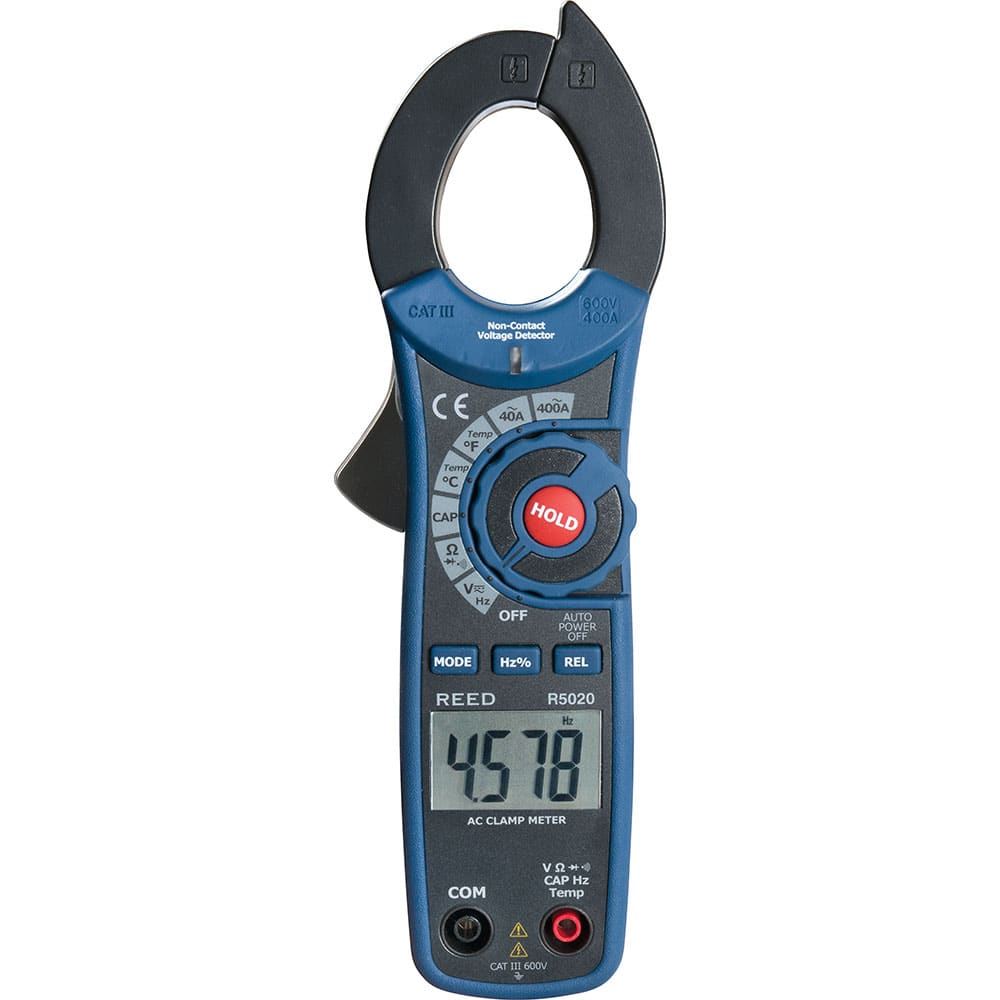 REED Instruments - Clamp Meters; Clamp Meter Type: Auto Ranging ; Measures: Capacitance; Continuity; Current; Diode Test; Duty Cycle; Frequency; Resistance; Temperature; Voltage ; Jaw Style: Clamp On ; Jaw Capacity (Decimal Inch): 1.2000 ; CAT Rating: CA - Exact Tooling